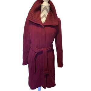 Cole Haan Cranberry Wool Blend Belted Long Line Pea Coat Size 8 Designer Coat